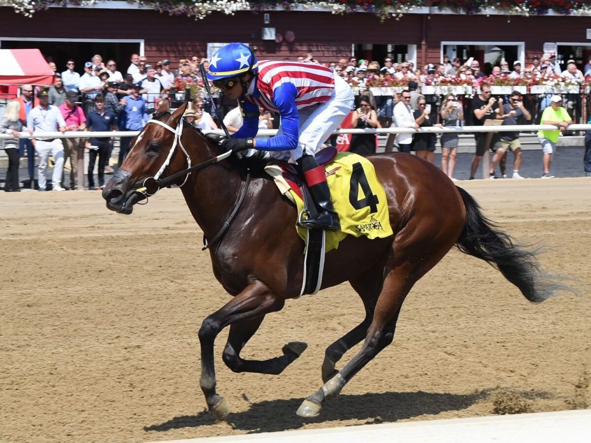 2yo filly Accelerating remains undefeated with a decisive win in the $200,000 Seeking the Ante S. at Saratoga in 2024 | NYRA photo