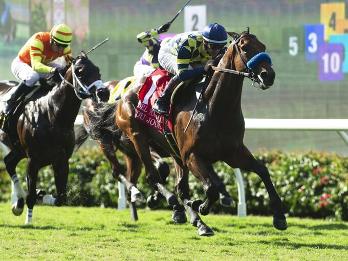 Du Jour and jockey Flavien Prat win the Grade II $300,000 Del Mar Mile Saturday, September 2, 2023 at Del Mar Thoroughbred Club, Del Mar, CA. Benoit Photo