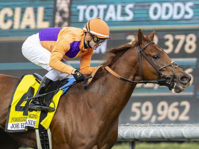 MyRacehorse and Spendthrift Farm’s Forbidden Kingdom, right, with jockey Flavien Prat up, withstands a challenge from Dancing Buck (Edwin Maldonado) to win the Grade II $200,000 Joe Hernandez Stakes Saturday, December 30, 2023 at Santa Anita Park, Arcadia, CA. ©Benoit Photo