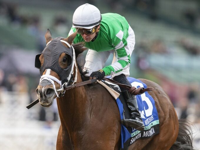 Three Witches and jockey Flavien Prat win the Grade II, $200,000 Santa Monica Stakes, Saturday, February 3, 2024 at Santa Anita Park, Arcadia CA. © BENOIT PHOTO