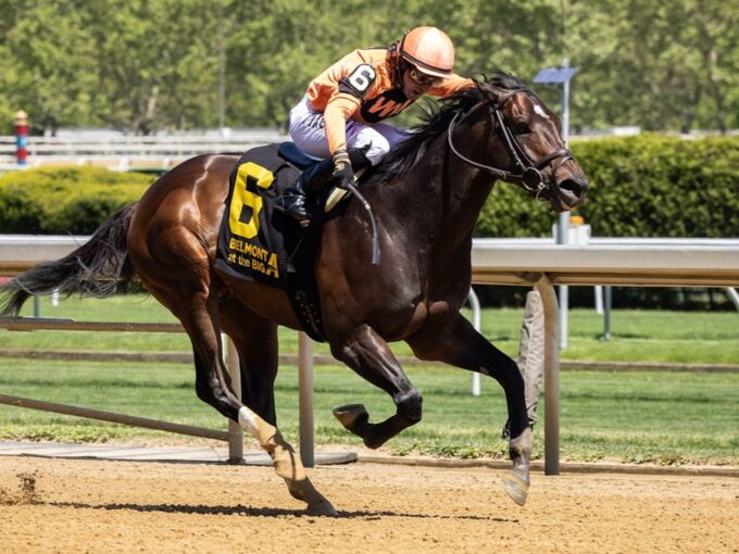 Joey Freshwater wining the 2024 Runhappy S. (G3) at Aqueduct - Walter Wlodarczyk/ NYRA photo