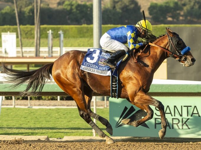 Citiezen Bull and jockey Martin Garcia win the Grade I, $300,000 American Pharoah Stakes, Saturday, October 5, 2024 at Santa Anita Park, Arcadia CA. © BENOIT PHOTO