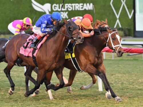 Major Dude (orange cap) surges between horses to win the Fort Lauderdale S. (G2) - Lauren King