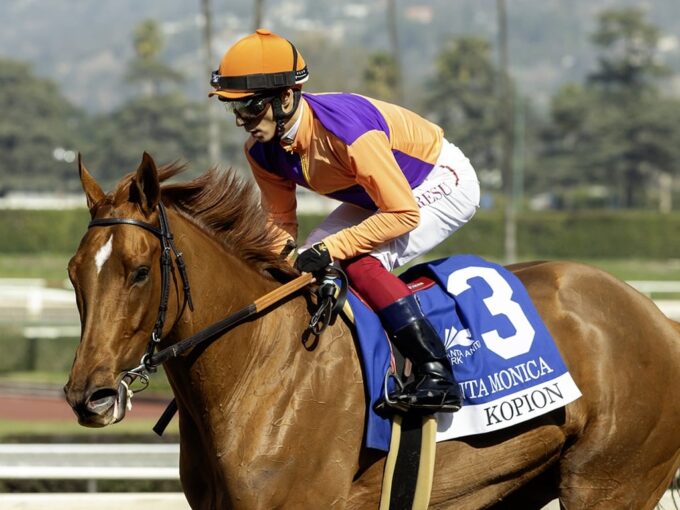 Spendthrift Farm's Kopion and Antonio Fresu win the Grade II $200,000 Santa Monica Stakes Saturday, February 1, 2025 at Santa Anita Park in Arcadia, CA. Benoit Photo